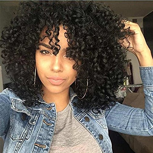 Pelucas de pelo rizado para mujeres negras, pelo natural para mujeres negras,pelucas de pelo humano de encaje frontal corto, pelucas sintéticas onduladas con brazaletes de 35,56 cm, 310 g