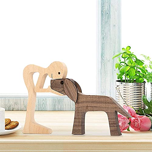 Pet Lover Gifts Wood Sculpture, Family & Puppy Wooden Crafts Sculpture, Unique Gift Hand Carved Wood Dog Human Statue, Pet Lover Gifts Wood Sculpture