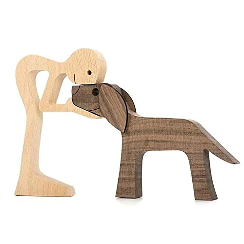 Pet Lover Gifts Wood Sculpture, Family & Puppy Wooden Crafts Sculpture, Unique Gift Hand Carved Wood Dog Human Statue, Pet Lover Gifts Wood Sculpture