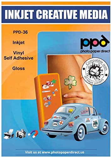 PPD Inkjet - A4 x 20 Pegatinas de Vinilo Autoadhesivo Brillante Imprimible de Grado Comercial - Calidad Fotográfica y A Prueba de Desgarro - Para Impresora de Inyección de Tinta - PPD-36-20