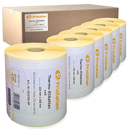 Printation Etiquetas para envío, 103 x 199 mm, color blanco, DHL, DPD, GLS, UPS – 1500 103 x 199 mm, 6 rollos, 250 etiquetas térmicas por rollo, adhesivo permanente para paquetes, diseño de cebra
