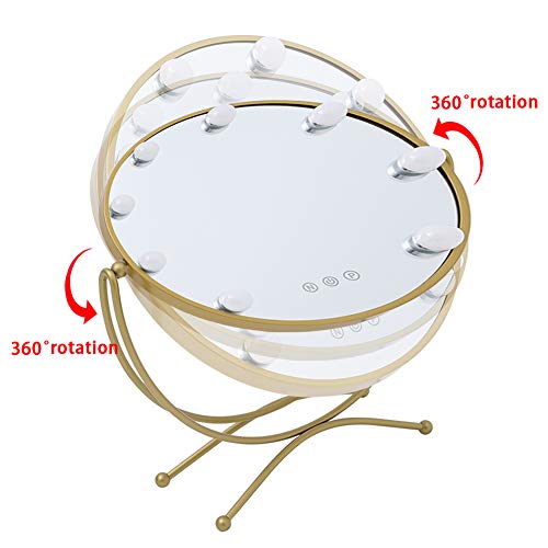 Qivange Hollywood Espejo de tocador Luces LED Brillo ajustable, 3 modos de iluminación de color Control táctil independiente Espejo cosmético de mesa para vestidor y dormitorio, dorado
