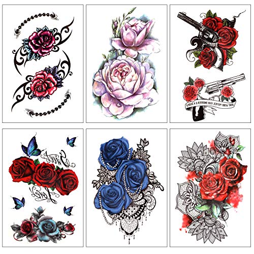 Qpout 15 piezas de tatuajes temporales de flores para mujeres, pegatinas de tatuajes de medio brazo, tatuajes de mariposas de calavera de flores rosas,tatuajes de decoración para adultos,niñas y niños