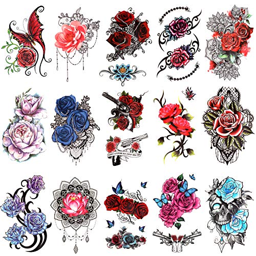 Qpout 15 piezas de tatuajes temporales de flores para mujeres, pegatinas de tatuajes de medio brazo, tatuajes de mariposas de calavera de flores rosas,tatuajes de decoración para adultos,niñas y niños
