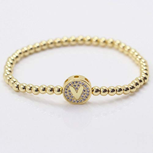QWKLNRA Pulseras para Mujer,Pulsera De Cuentas De Letras De Acero Inoxidable para Hombres Y Mujeres, Moda con Letras En V, Brazalete con Nombre Dorado De 4 Mm para Parejas Femeninas, Joyería