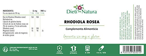 Rhodiola 200 cápsulas de Dieti Natura. Antifatiga [Fabricado en Francia][Garantía Sin OGM ni Gluten] (Bote de 200 cápsulas)