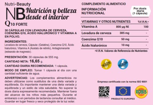 Robis Q10 Forte | Nutre tu Belleza | Antioxidante - Envejecimiento Cutáneo - Arrugas - Elasticidad - Piel | Levadura de Cerveza, Coenzima Q10, Ácido Hialurónico, Vitamina A | 30 Cápsulas