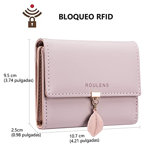Roulens Cartera de Mujer con RFID Monedero Corto Adorno Hoja Colgante Cartera Minimalista con Bolsillo de Cremallera para Monedas