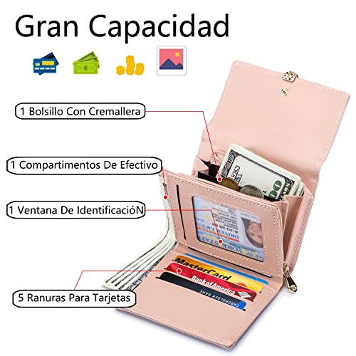 Roulens Cartera de Mujer con RFID Monedero Corto Adorno Hoja Colgante Cartera Minimalista con Bolsillo de Cremallera para Monedas