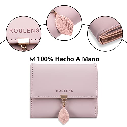 Roulens Cartera de Mujer con RFID Monedero Corto Adorno Hoja Colgante Cartera Minimalista con Bolsillo de Cremallera para Monedas