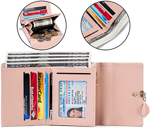 Roulens Cartera de Mujer con RFID Monedero Corto Adorno Hoja Colgante Cartera Minimalista con Bolsillo de Cremallera para Monedas