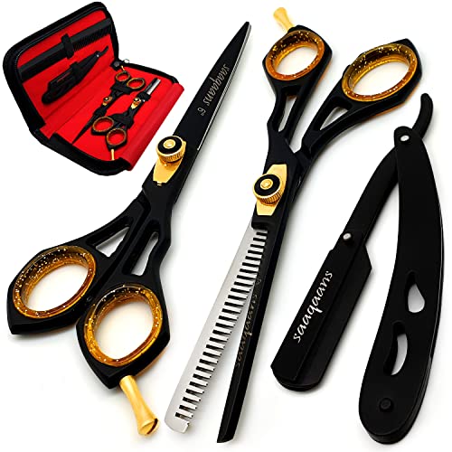 Saaqaans Juego de Tijeras Pelo, Tijeras Peluqueria Profesional de Acero Inoxidable, Tijeras Peluqueria con Estuche de Cuero - Longitud 6.0 pulgadas, Tijeras Cortar Pelo para Hombres y Mujeres