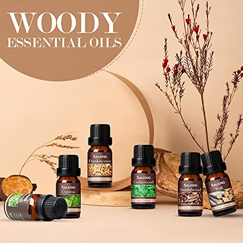 SALKING Aceites Esenciales Naturales para Humidificador,6 x 10 ml Leñoso Aceites Esenciales Aromaterapia 100% Puro Natural- Incienso,Teca,Sándalo,Ciprés,Cedro,Pachulí