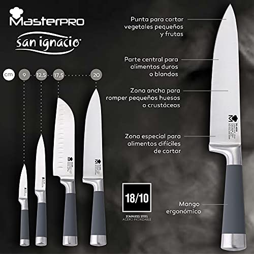 Set 4 cuchillos de cocina SAN IGNACIO Masterpro, acero inoxidable, con tabla de cortar en madera de acacia 33x23x1,5 cm Casa Benetton