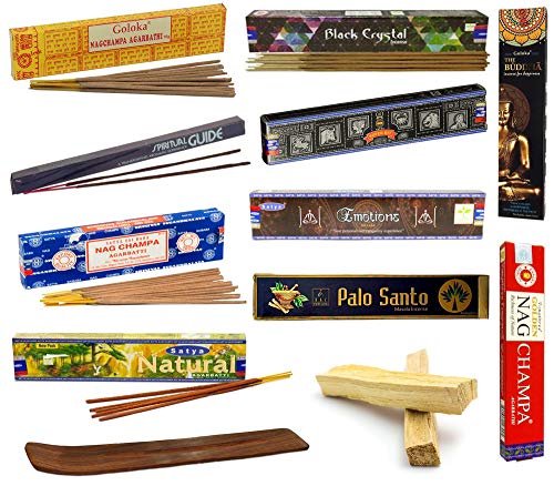 Set de Inciensos Deluxe | Satya , Goloka, Bajali, Golden Nag , Padmini | Incienso en Varillas Top Ventas y Premium | 10 Cajas + 2 Palo Santo + Porta Inciensos
