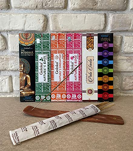 Set Inciensos Premium BOEMY [ Colección Goloka Natural ] | The Buddha , Rose , Basil , Parijatha , Palo Santo y Chakra | 6 x 15 gr.