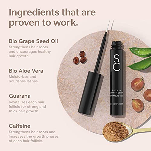 SKIN COMPLIMENTS – Serum orgánico para pestañas y cejas – Libre de hormonas y vegano – Crecimiento, fortalecimiento y cuidado de pestañas y cejas – 5ml – Cosméticos naturales – Made in Germany