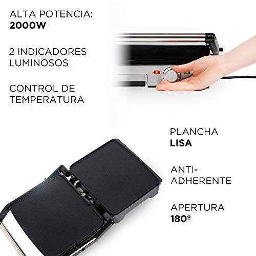 SOGO SS-7131 Sandwichera Plancha Lisa Eléctrica de 2000W, Superficie de 28x22 cm, Con Placas Planas Antiadherentes y Apertura de 180º, Color plateado