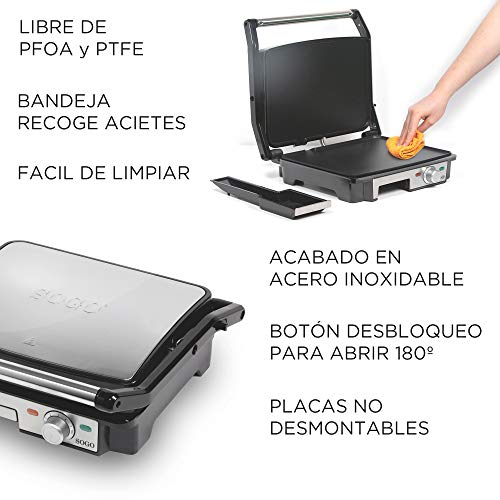 SOGO SS-7131 Sandwichera Plancha Lisa Eléctrica de 2000W, Superficie de 28x22 cm, Con Placas Planas Antiadherentes y Apertura de 180º, Color plateado