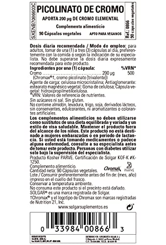 Solgar Cromo Picolinato 200 µg elemental, 90 Cápsulas vegetales