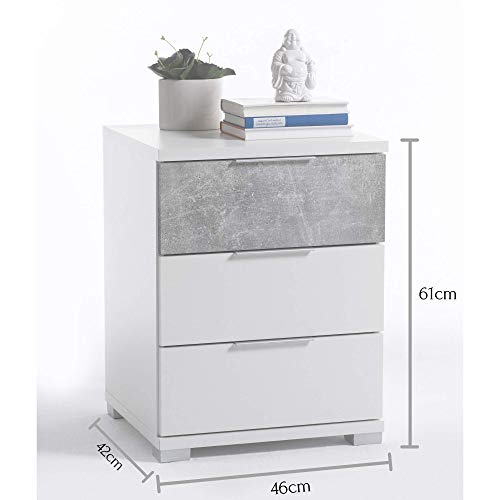 Stella Trading Universal de hormigón Blanco-Moderna mesita de Noche de Tres cajones para su Cama, Madera, 42 x 46 x 61 cm