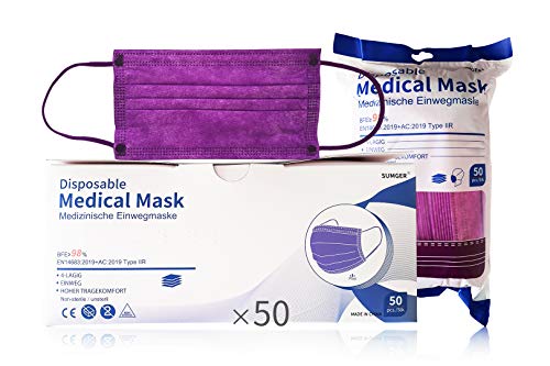 SUMGER Mascarilla Quirúrgica Desechable Homologada, 50 Unidades, Color Morado, CE BFE ≥98%, EN 14683:2019+AC:2019 Type IIR