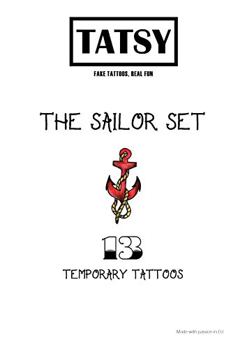 Tatuajes Temporales Tatsy, Marinero Set, Diseño Original Y Oldschool, Marino, Diversión, Fiesta, Para Hombre Y Mujer, Adultos, Ancla, Sirena, Barco, Timón