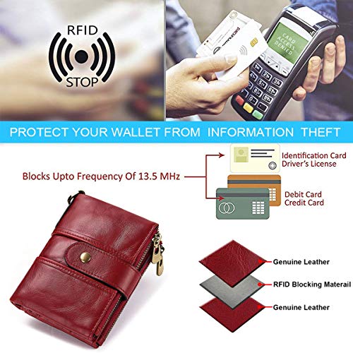TEUEN Cartera Mujer Piel Autentica Pequeña Billetera Monedero Mujer con Muchos Bolsillos, Bloqueo RFID Billetero Cremallera Mujer con Cadena, Monedero Cuero Mujer 16 Ranuras para Tarjetas (Rojo)