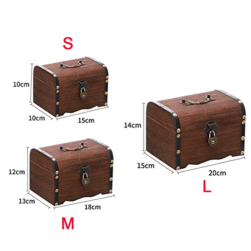 Tongdejing Hucha de madera vintage, hecha a mano, cofre del tesoro, hucha para monedas, caja de almacenamiento con cerradura y llaves, decoración del hogar para niños y niños