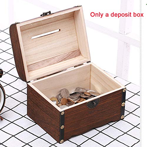 Tongdejing Hucha de madera vintage, hecha a mano, cofre del tesoro, hucha para monedas, caja de almacenamiento con cerradura y llaves, decoración del hogar para niños y niños