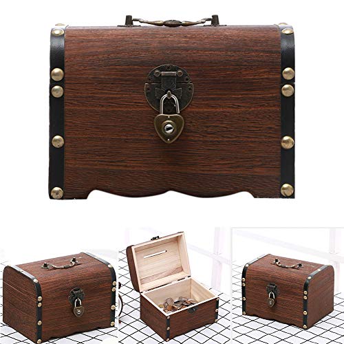 Tongdejing Hucha de madera vintage, hecha a mano, cofre del tesoro, hucha para monedas, caja de almacenamiento con cerradura y llaves, decoración del hogar para niños y niños