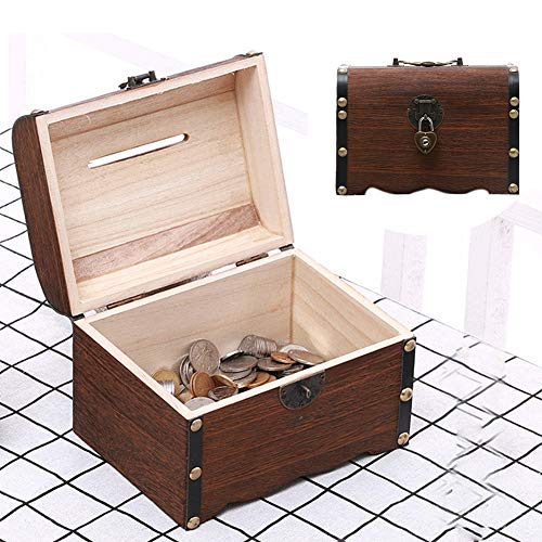 Tongdejing Hucha de madera vintage, hecha a mano, cofre del tesoro, hucha para monedas, caja de almacenamiento con cerradura y llaves, decoración del hogar para niños y niños