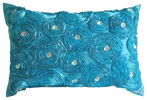 Turquesa Cubierta De La Almohadilla Lumbar, Cinta De Opciones De Aqua Rose Flores 30x35 cm Sedala Seda Cubierta De La Almohadilla Lumbar, Moderno Cubierta De La Almohadilla Lumbar -Aquamarine Roses