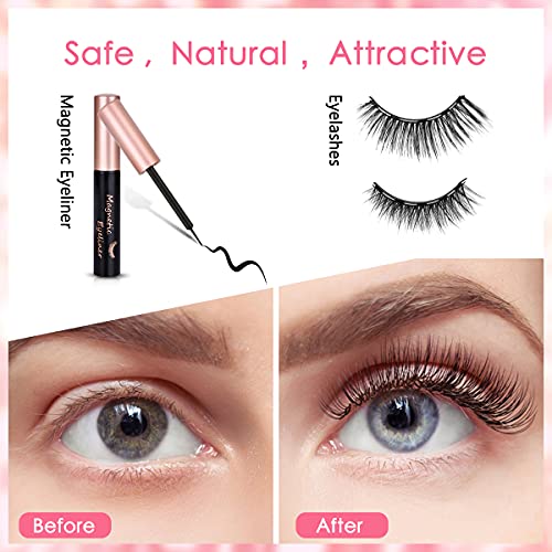 URAQT Pestañas Postizas Magneticas, 3D Magnetic Eyelashes Naturales Magnéticas Reutilizables, 3 Pares, con Delineador de Ojos y Pinzas