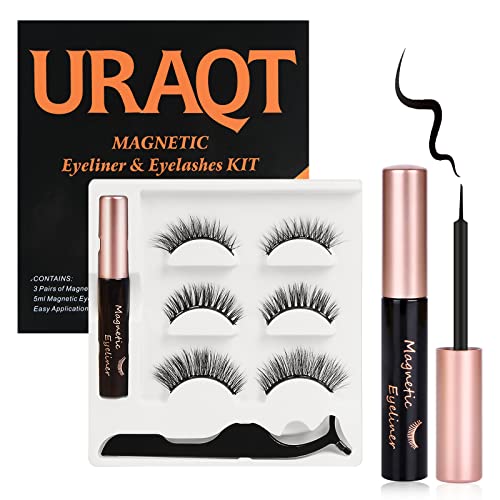 URAQT Pestañas Postizas Magneticas, 3D Magnetic Eyelashes Naturales Magnéticas Reutilizables, 3 Pares, con Delineador de Ojos y Pinzas
