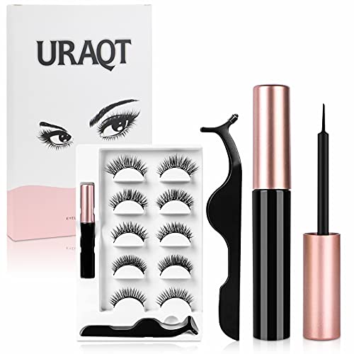 URAQT Pestañas Postizas Magneticas, 5 pares de Pestañas Postizas 3D Reutilizables con Delineador de Ojos y Pinzas Magnéticas Impermeables, Aspecto Natural y Larga Duración
