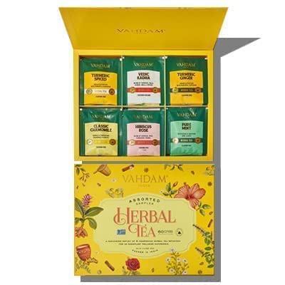 VAHDAM, Juego de regalo de muestras de té de hierbas naturales -60 bolsitas de té | sin cafeína | 6 sabores, 10 porciones cada uno | Surtido Te Infusiones Regalo | Set de regalo de té de hierbas