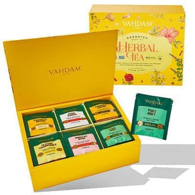 VAHDAM, Juego de regalo de muestras de té de hierbas naturales -60 bolsitas de té | sin cafeína | 6 sabores, 10 porciones cada uno | Surtido Te Infusiones Regalo | Set de regalo de té de hierbas