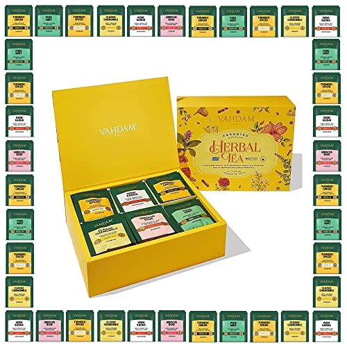 VAHDAM, Juego de regalo de muestras de té de hierbas naturales -60 bolsitas de té | sin cafeína | 6 sabores, 10 porciones cada uno | Surtido Te Infusiones Regalo | Set de regalo de té de hierbas