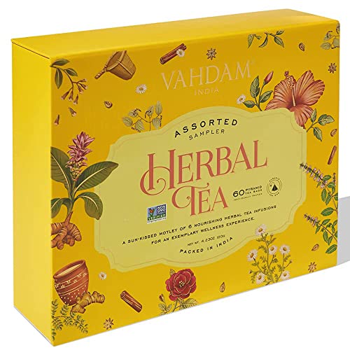 VAHDAM, Juego de regalo de muestras de té de hierbas naturales -60 bolsitas de té | sin cafeína | 6 sabores, 10 porciones cada uno | Surtido Te Infusiones Regalo | Set de regalo de té de hierbas