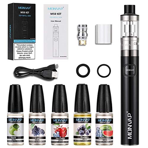 Vaper Cigarros Electronicos 50W, MONVAP M50 Vapeador Kit Completo y Liquido, Top Refill Vaporizador 0,5ohm 2ml, 1500mah Battería Recargable Cigarro Electronico, E Cigarette Sin Nicotina 0,0mg