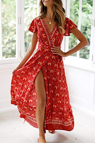 Vestido Mujer Bohemio Largo Verano Playa Fiesta Floral Manga Corta Cuello en V Talla Split Wrap Maxi Vestidos 5 XL