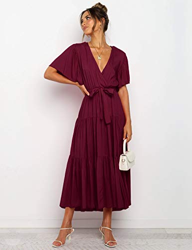 Vestido Mujer Bohemio Largo Verano Playa Fiesta Wrap Maxi Vestidos Cóctel Falda Larga con Cinturón Vino S