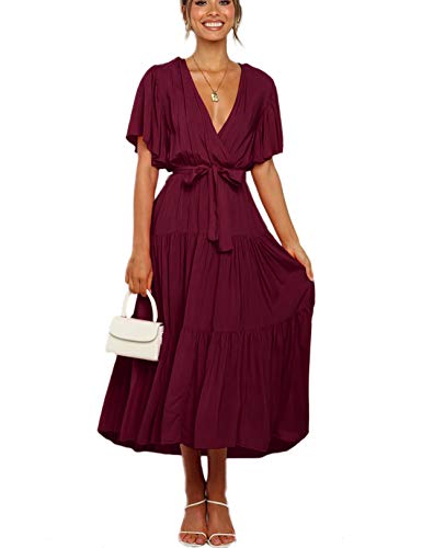 Vestido Mujer Bohemio Largo Verano Playa Fiesta Wrap Maxi Vestidos Cóctel Falda Larga con Cinturón Vino S
