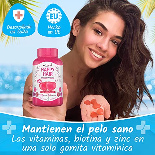 VITAFUL Happy Hair - Suplemento Capilar Biotina + Vitaminas A,B,C,D,E + Zinc - Crecimiento Más Rápido Del Cabello - Vitaminas Contra La Caída Del Cabello - 120 Gomitas, 2 Meses - 100% Vegano