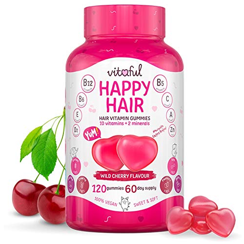 VITAFUL Happy Hair - Suplemento Capilar Biotina + Vitaminas A,B,C,D,E + Zinc - Crecimiento Más Rápido Del Cabello - Vitaminas Contra La Caída Del Cabello - 120 Gomitas, 2 Meses - 100% Vegano