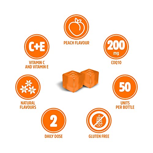 VITALDIN Coenzima Q10 gummies – 200 mg de CoQ10 por dosis diaria + Vitamina C & E – 50 gominolas; sabor Melocotón – Suplemento de Belleza – Antioxidante & Renovación Celular – Sin Gluten