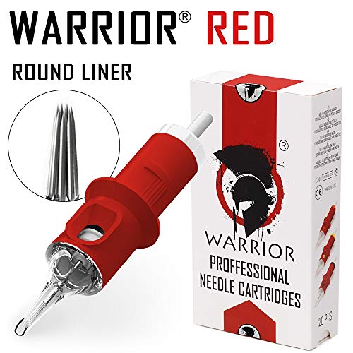 WARRIOR Rojo Cartuchos de agujas de tatuaje profesionales Tattoo Needle Cartridge esterilizado Round Liner 20 piezas Acero quirúrgico 316L Maquillaje permanente desechable (RED-1003RL)
