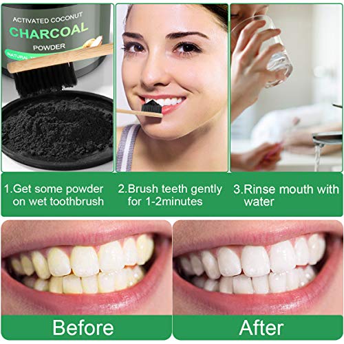 WOSTOO Polvo de Dientes, Polvo de Blanqueamiento de Carbón Activado Natural 2*80g+2 cepillos de bambú Teeth Whitening Powder Mejora la Salud Oral para Blanquear Dientes Sensibles Rápida, Eficazmente