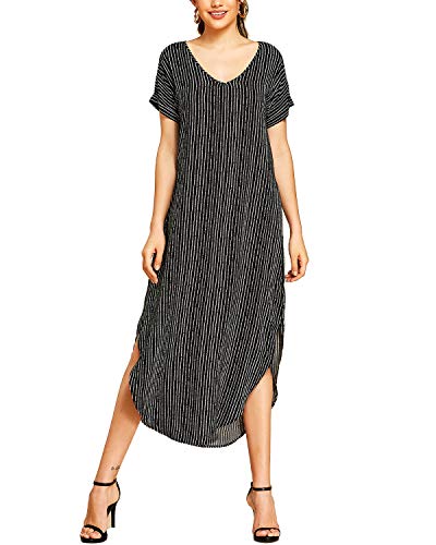 YOINS - Vestido largo amplio de verano para mujer, para playa, vestido sexy, manga corta, cuello redondo, vestido de punto con cinturón Negro -03. XL